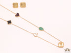 Multi colour clover heart and other shape charms on a sleek long gold plated chain with matching studs