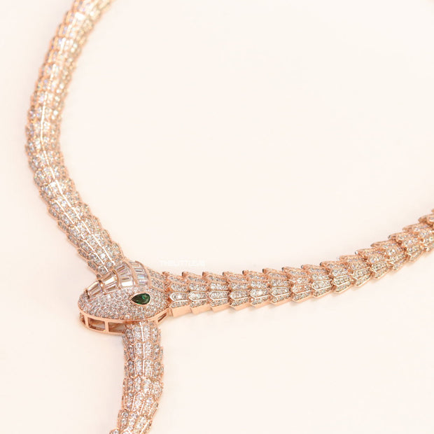 Rose Gold plated cubic zirconia stones ancient serpentine symbol necklace with matching studs