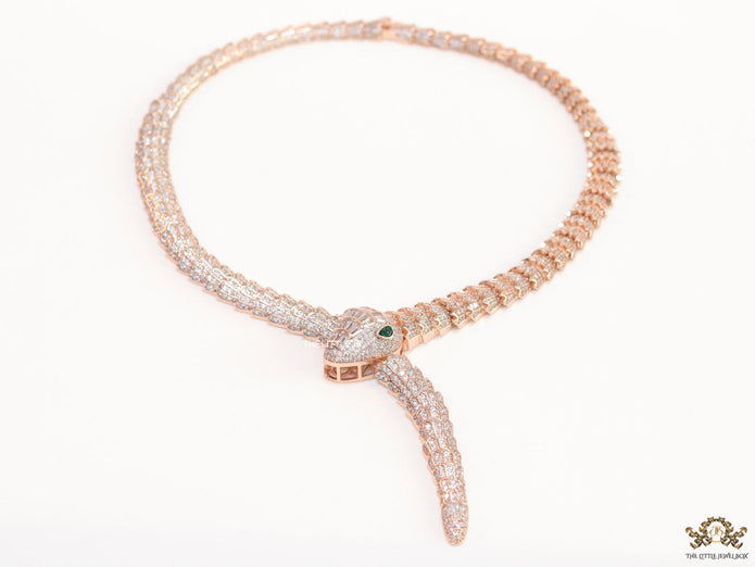 Rose Gold plated cubic zirconia stones ancient serpentine symbol necklace with matching studs