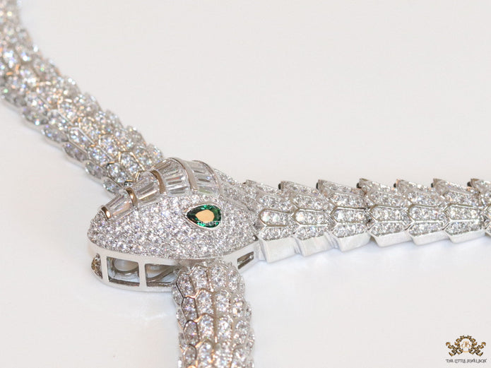 Platinum plated cubic zirconia stones ancient snake symbol necklace with matching studs