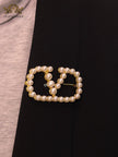 Alphabet open V pearl & gold brooch