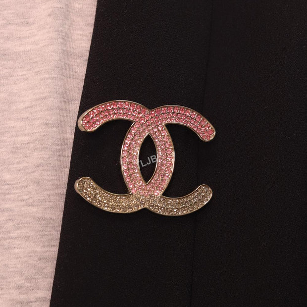 Double C green and pink stone brooch