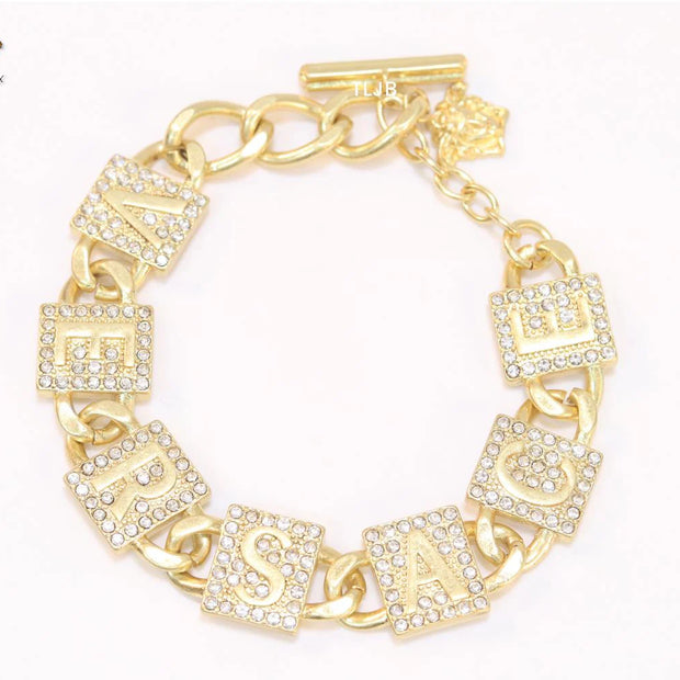 Broad Alphabet V cz link bracelet