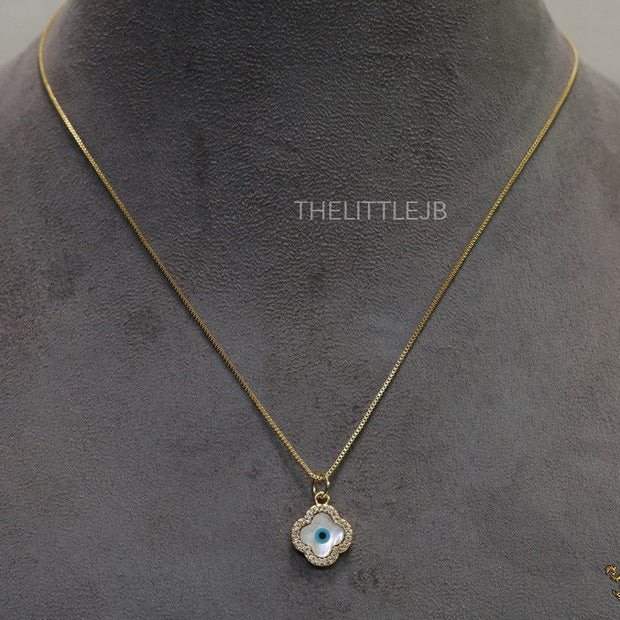 Clover shaped cz evil eye necklace in gold plating