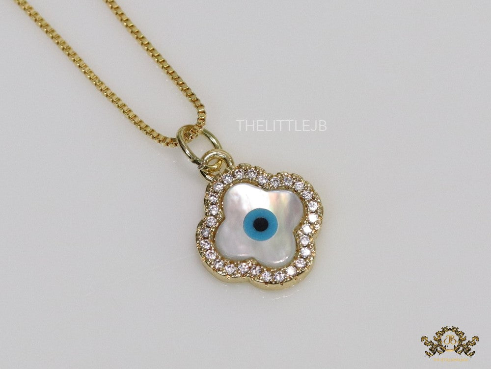 Clover shaped cz evil eye necklace in gold plating