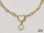 Gold plated link chain necklace with heart shaped lock and evil eye clover pendant