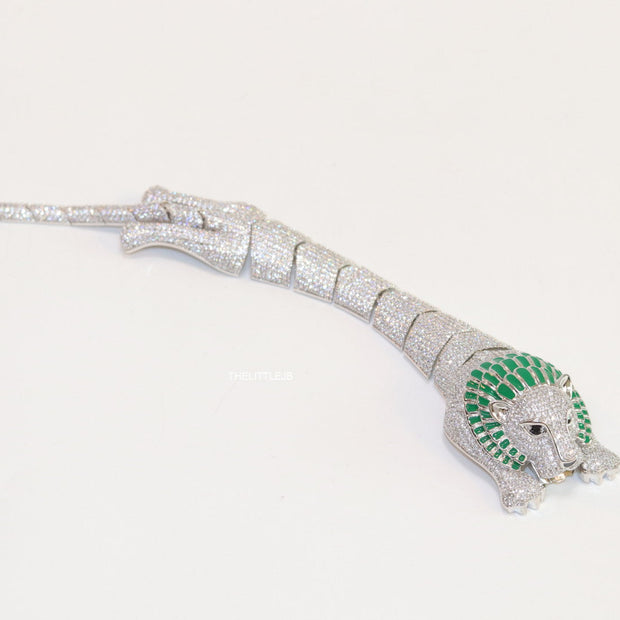 Platinum plated unique panther bracelet with cz and emerald green stones