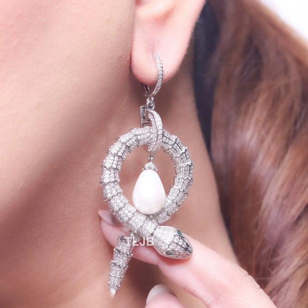 Patinum snake & pearl statement earrings