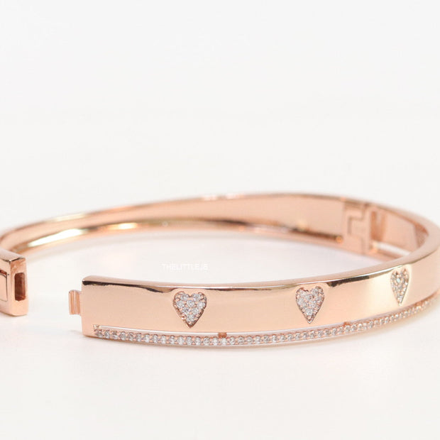 Rose gold bracelet with cz hearts and single line cz