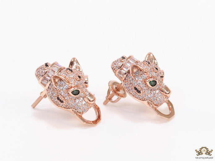 Cz panther face clip on studs in rose gold