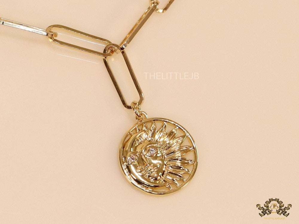 Gold plated link chain necklace with charms- snake, star fish, saturn, snail shell, Sun n Moon