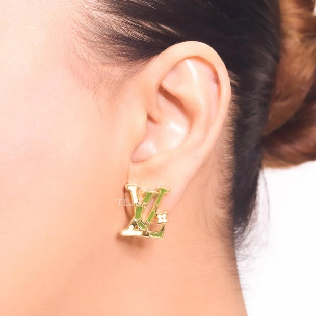 Alphabet L & V gold studs with white enamel
