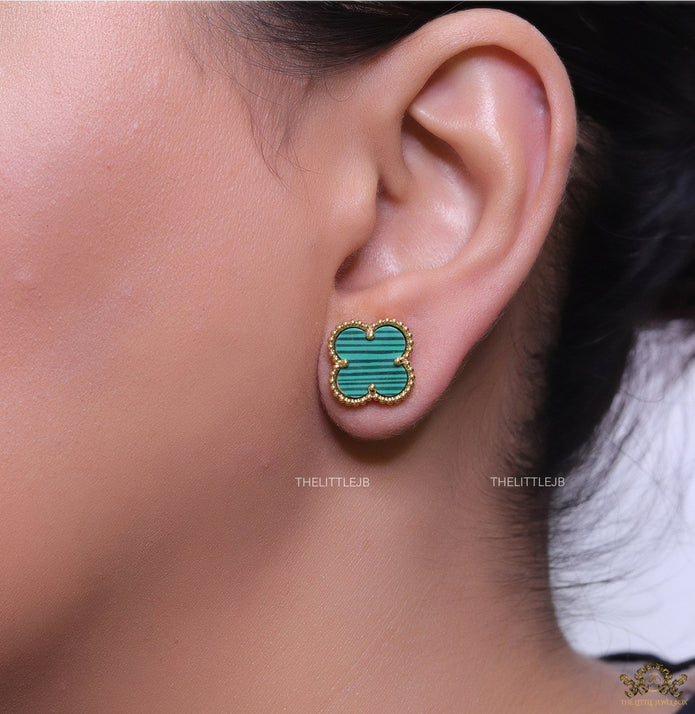 Malachite green clover stud earrings in gold finish
