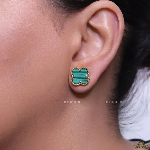 Malachite green clover stud earrings in gold finish