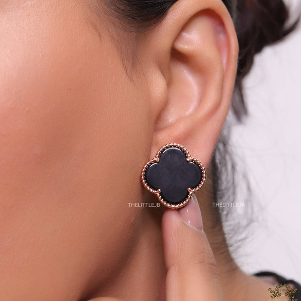 Black clover stud earrings in rose gold plating