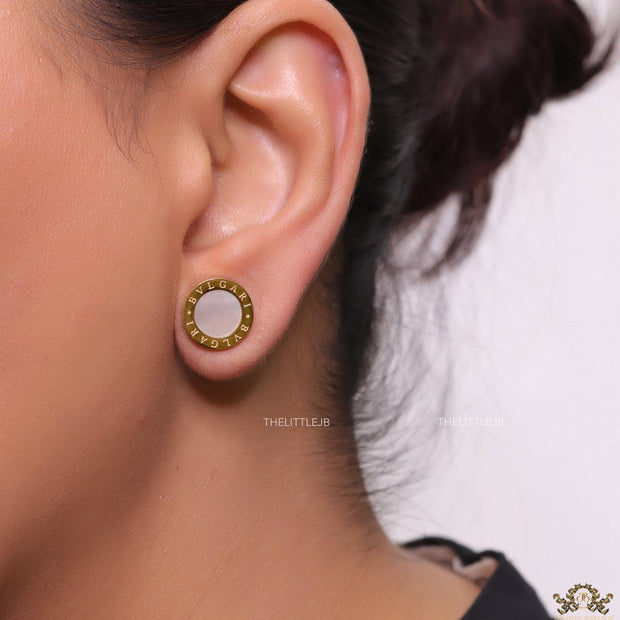 Alphabet inscribed golden stud earrings with MOP