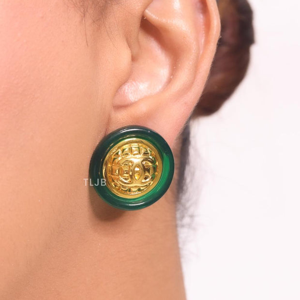 Double C gold and green enamel studs