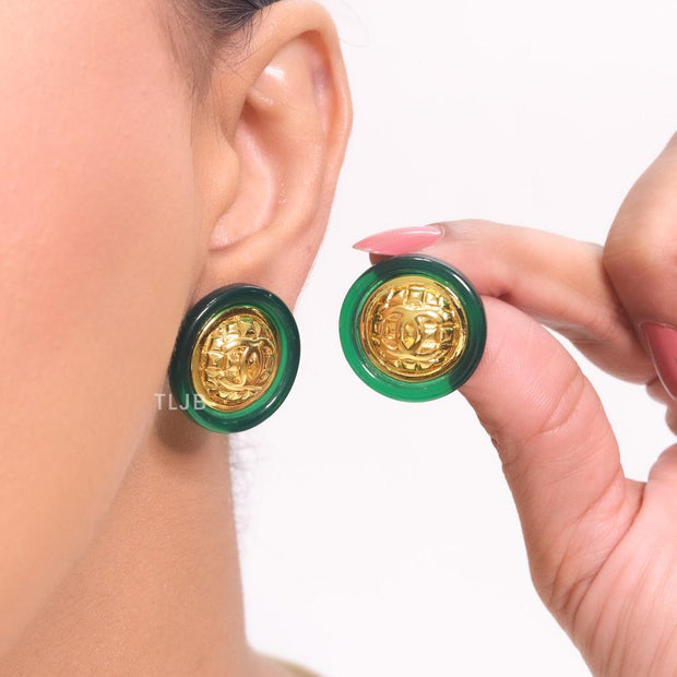 Double C gold and green enamel studs