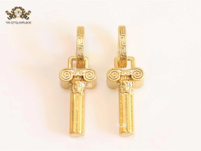 Medusa embossed gold key hoops