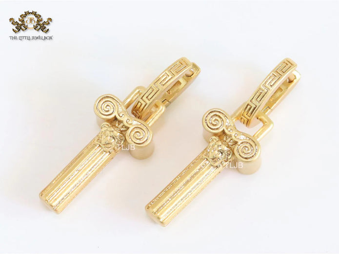 Medusa embossed gold key hoops