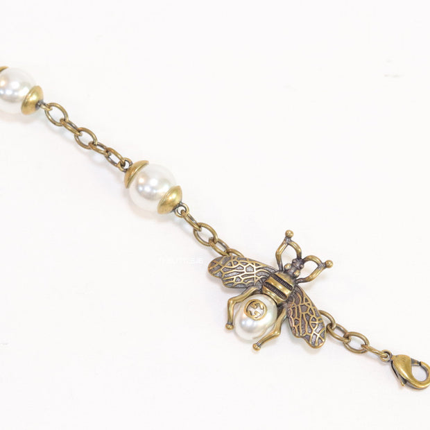Antique gold plated honey bee chain bracelet with pearls