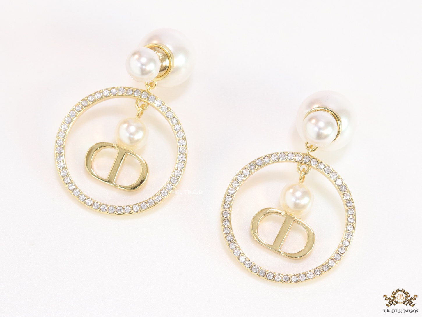 Pearl bomber studs with golden cz alphabet ring drop