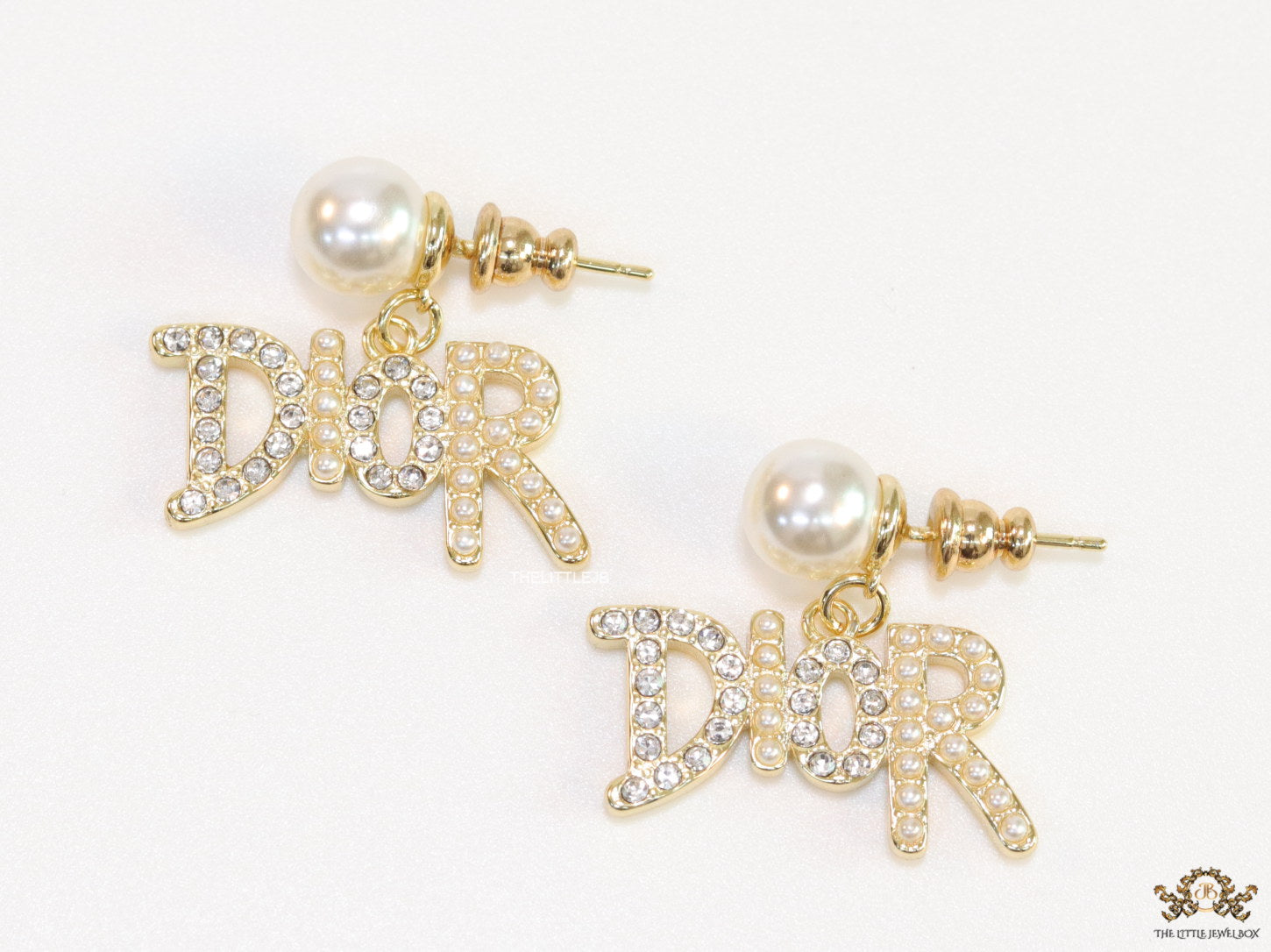 Gold plated pearl studs with cz alphabet drops