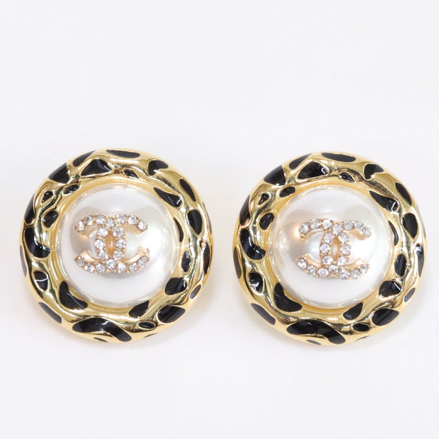 Gold double C CZ round black enamel studs