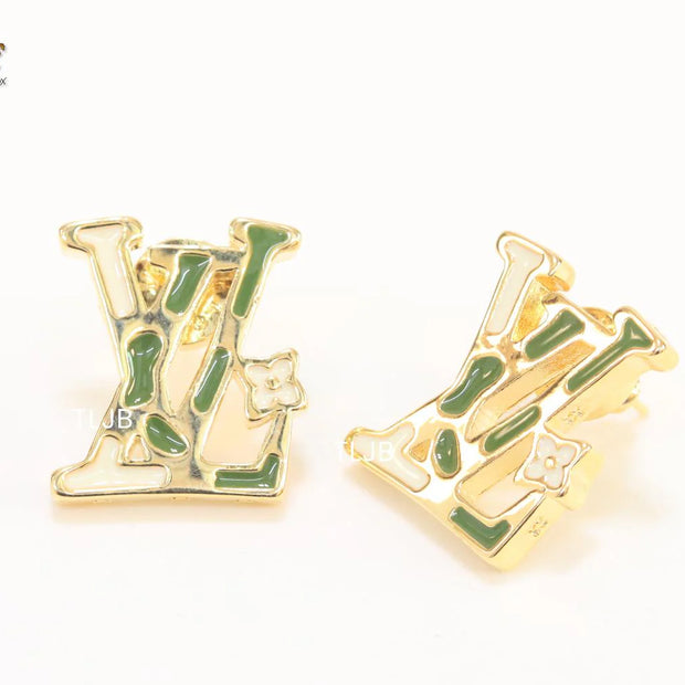 Alphabet L & V gold studs with white enamel