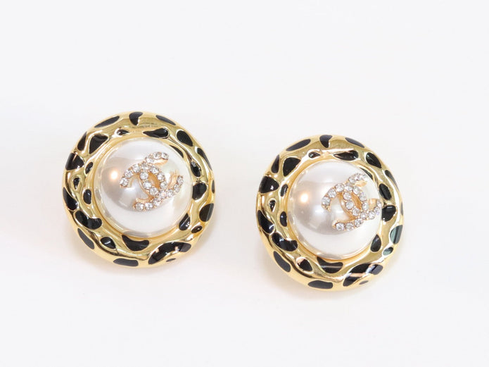 Gold double C CZ round black enamel studs
