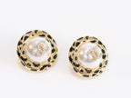 Gold double C CZ round black enamel studs