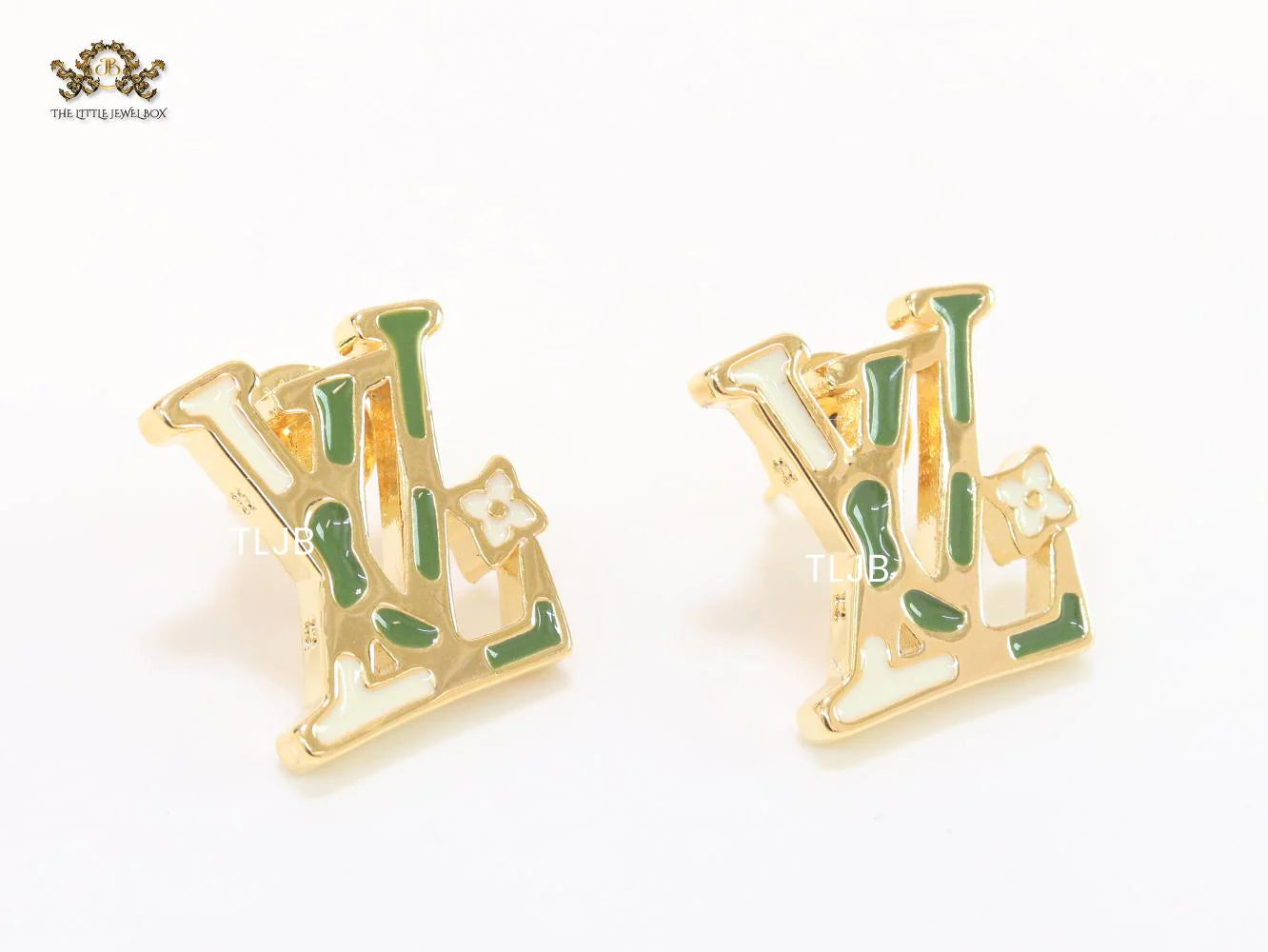 Alphabet L & V gold studs with white enamel