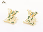 Alphabet L & V gold studs with white enamel