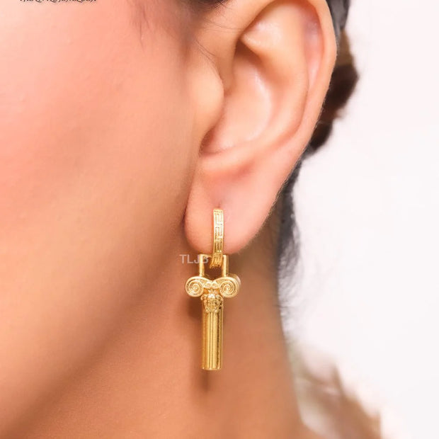 Medusa embossed gold key hoops