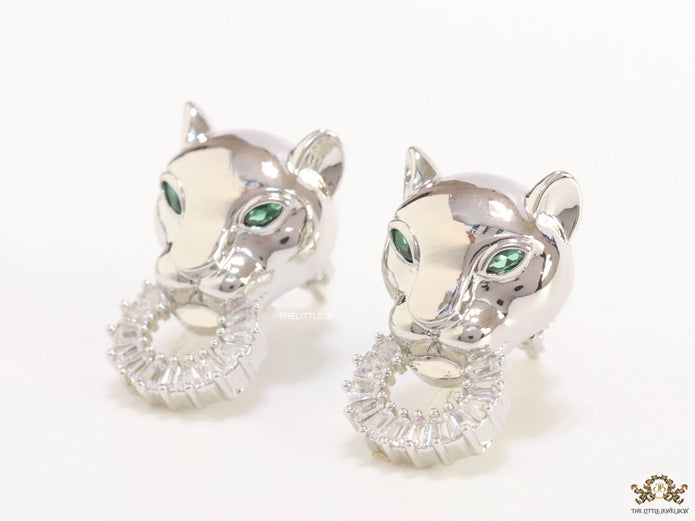 Platinum plated panther face studs with cz baguette ring