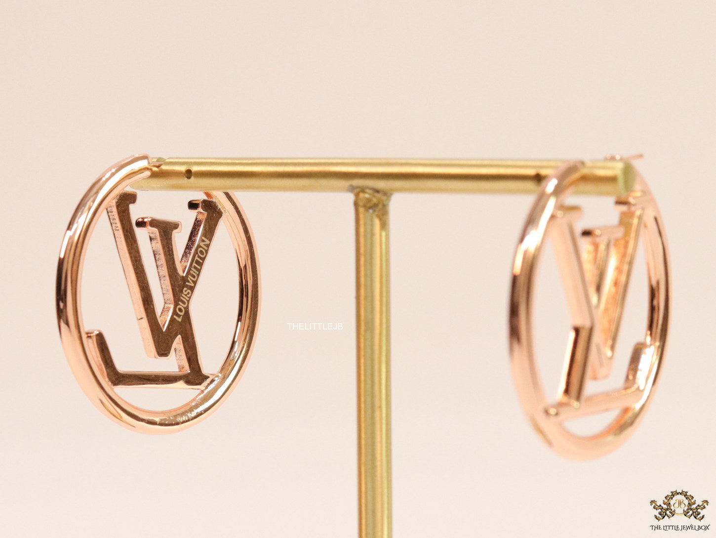 Rose Gold plated L and V alphabet hoops 40 mm