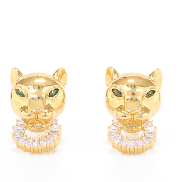 Golden panther face studs with cz baguette ring
