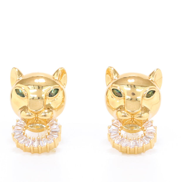 Golden panther face studs with cz baguette ring