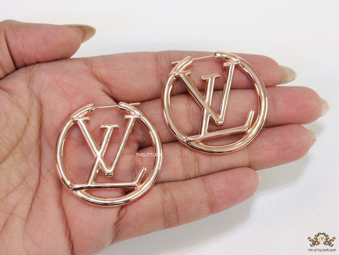 Rose Gold plated L and V alphabet hoops 40 mm
