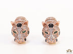 Asymmetrical cz and baguette panther studs in rose gold finish