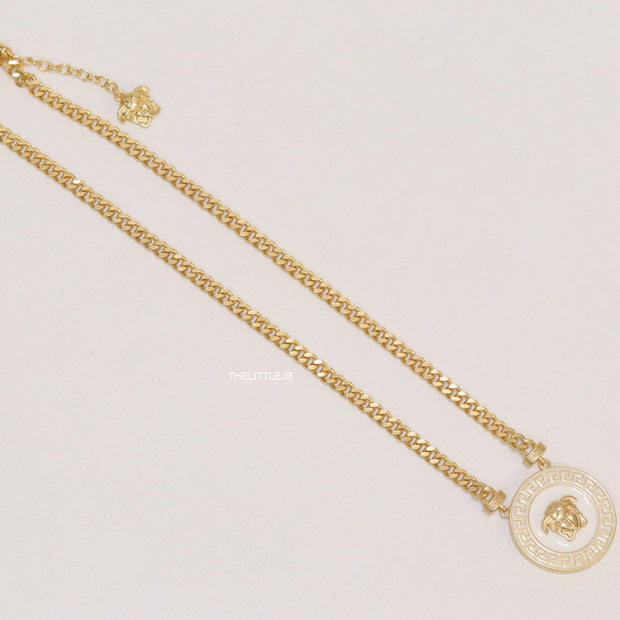 Gold plated thick chain necklace with white and golden Medusa pendant