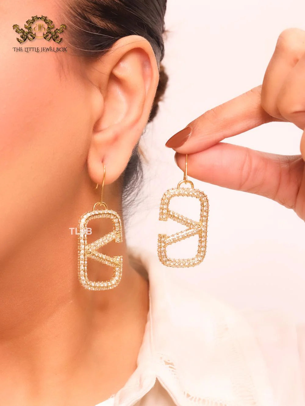 Alphabet open V cz and gold danglers
