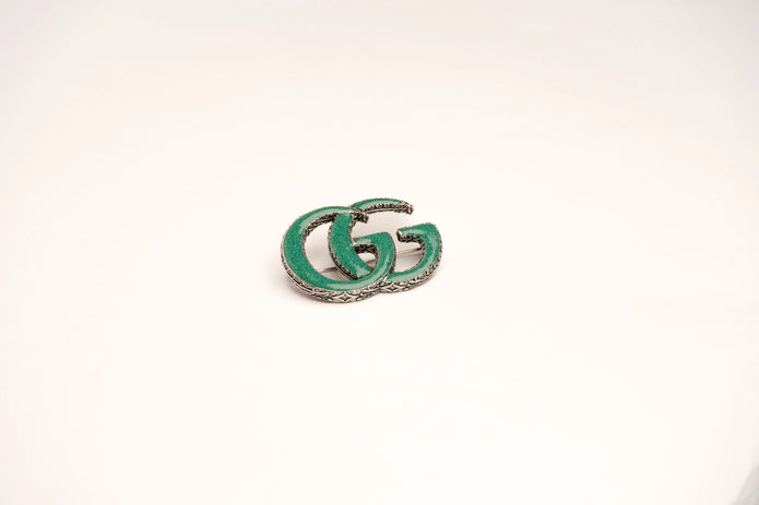 Antique Silver Double G Green Enamel Brooch Pin | Luxury Designer Style Fashion Jewelry