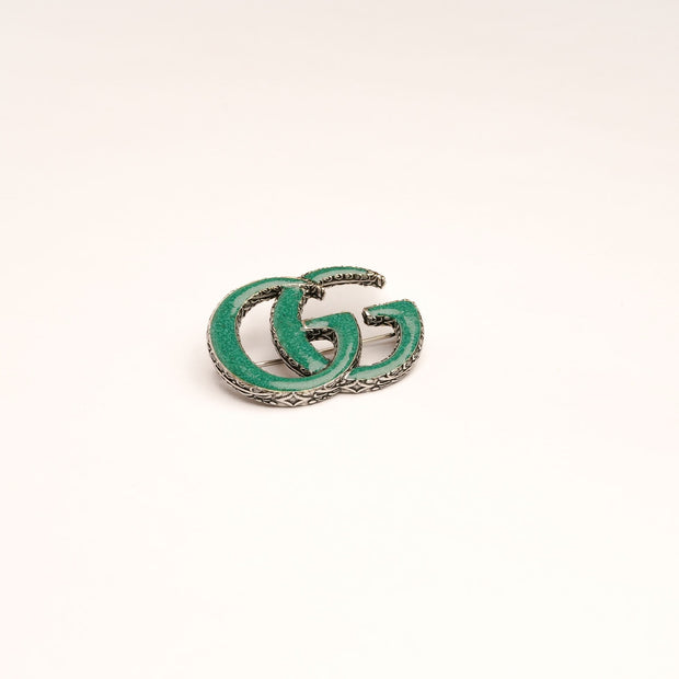 Antique Silver Double G Green Enamel Brooch Pin | Luxury Designer Style Fashion Jewelry