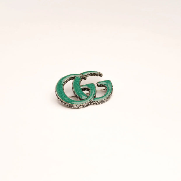 Antique Silver Double G Green Enamel Brooch Pin | Luxury Designer Style Fashion Jewelry
