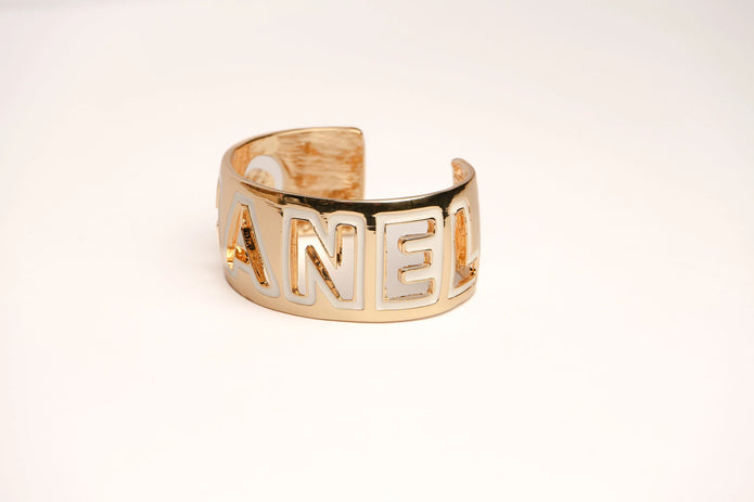 Alphabet C Broad Cuff Bracelet with White Enamel Gold Plating | Designer Fashion Bangle