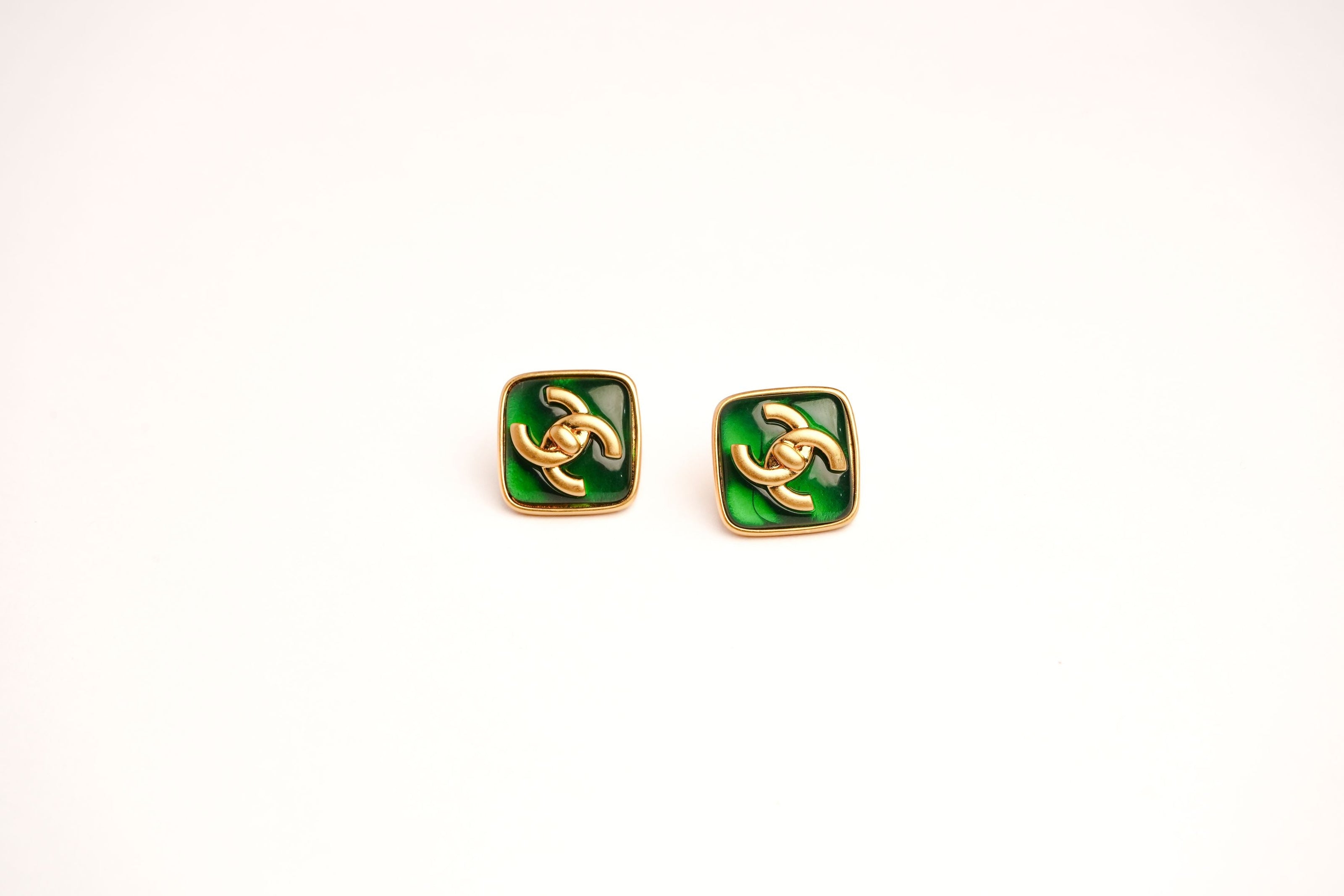 Double C Green Stone Square Studs in Matt Gold | Fashion Earrings