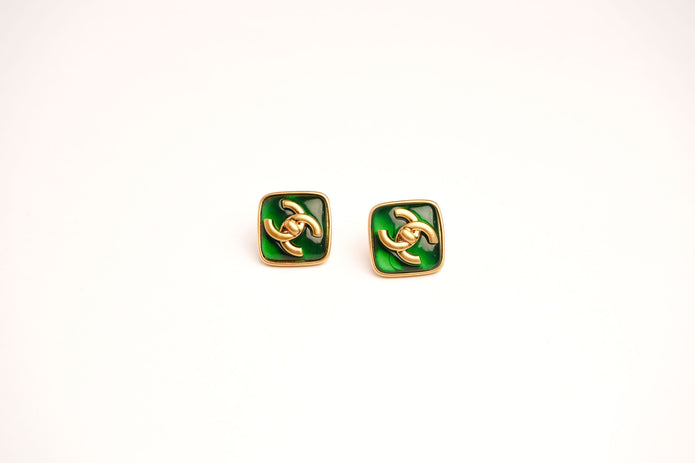 Double C Green Stone Square Studs in Matt Gold | Fashion Earrings