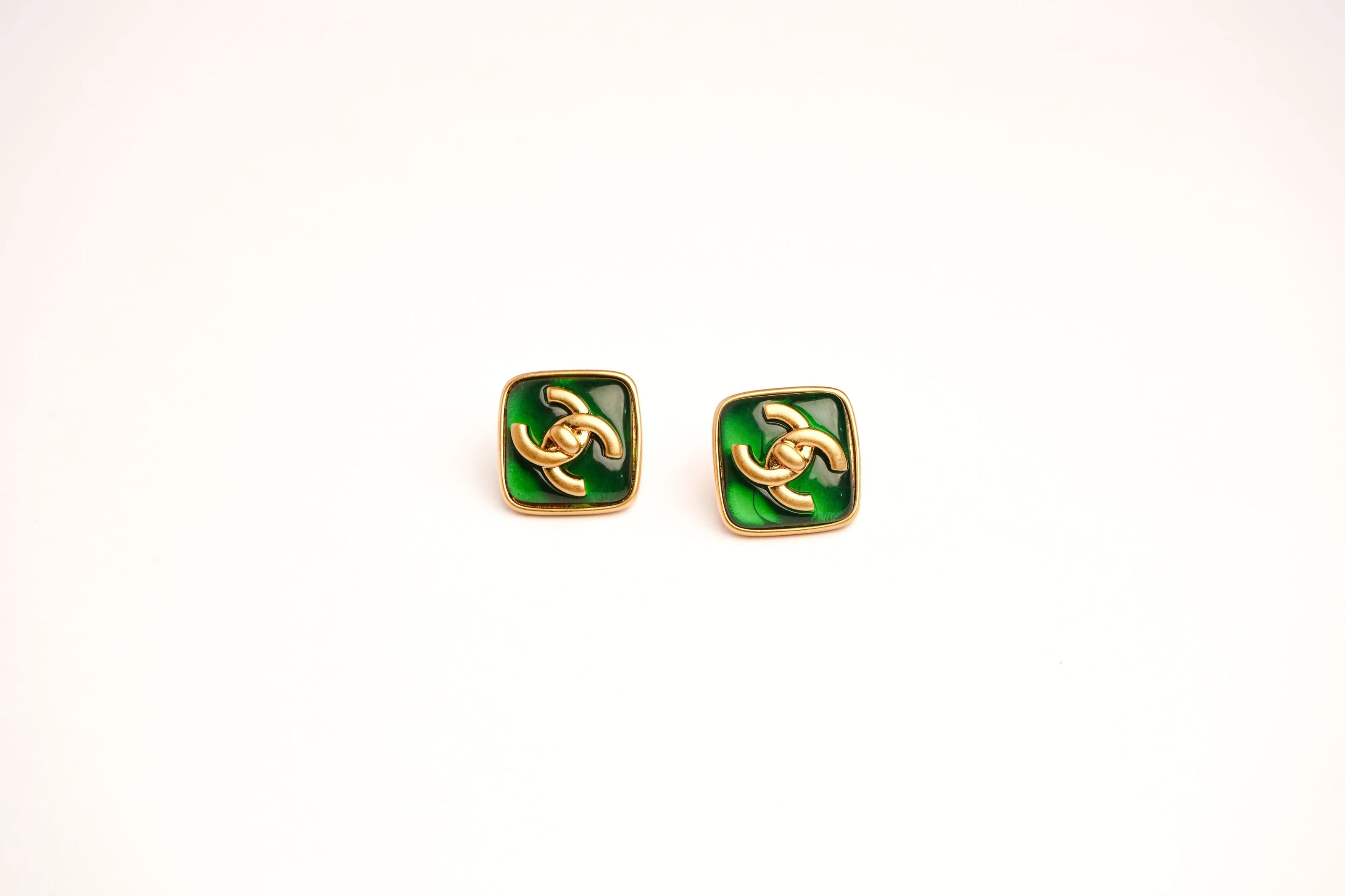 Double C Green Stone Square Studs in Matt Gold | Fashion Earrings