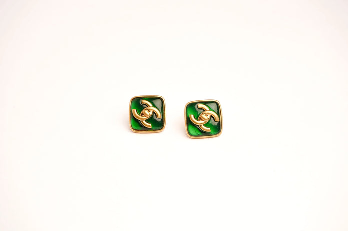 Double C Green Stone Square Studs in Matt Gold | Fashion Earrings